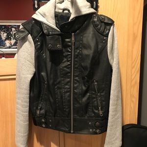 Leather jacket with sweatshirt sleeves